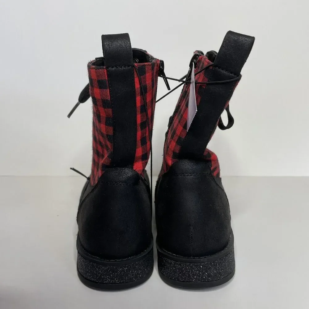 MIA Kids Boots Youth Girls 3 Kissia Side Zip Combat Black & Red Plaid Holiday‎